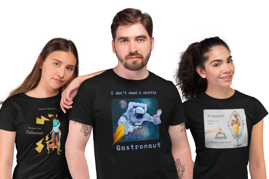 Photo of three young people enjoying themselves and wearing our Absurdi-Tees T-shirts