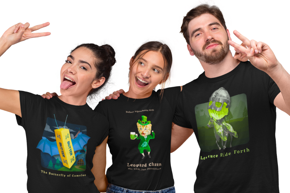 Three young people having fun while making faces and wearing t-shirts by The Witty Merchant