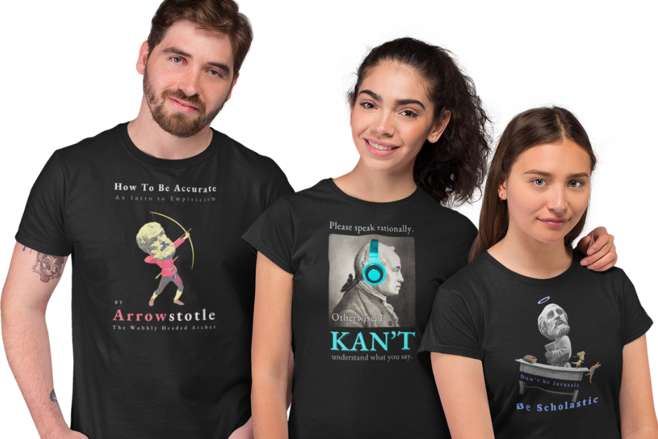 Photo of three young people enjoying themselves and wearing our Philosophy & French Fries T-shirts