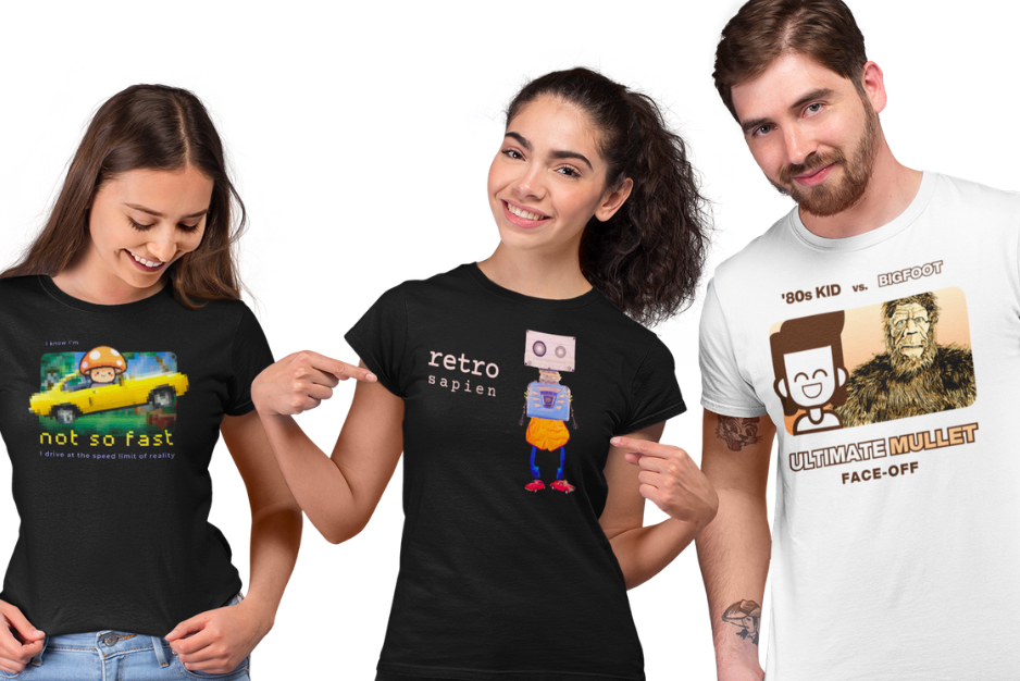 Photo of three young people enjoying themselves and wearing our Retro Sapiens T-shirts