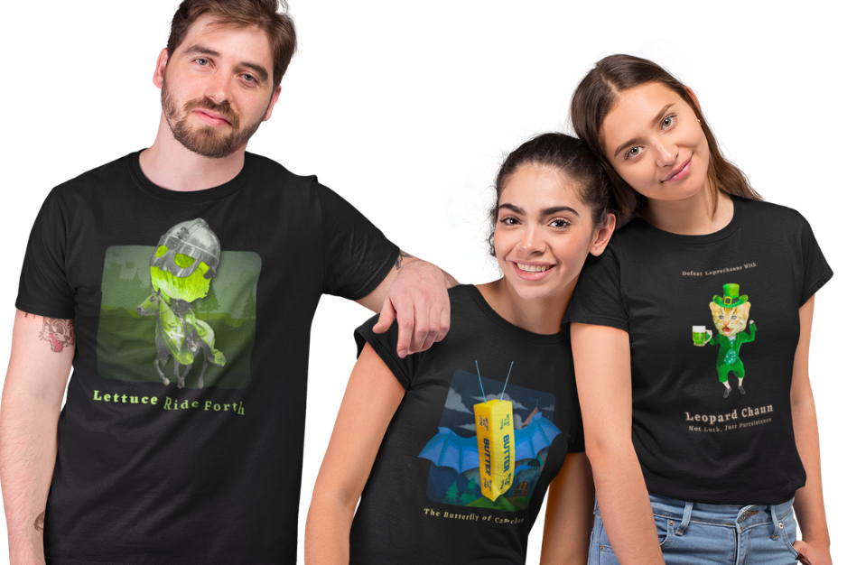 Photo of three young people enjoying themselves and wearing our Sophisticated Jester T-shirts